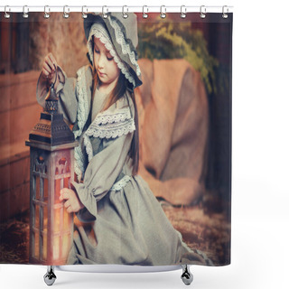 Personality  Beautiful Girl In Retro Dress With A Lantern In Her Hands. Retro Picture Shower Curtains