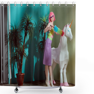 Personality  Stylish Girl In Pink Wig Holding Duster And Standing Neat Unicorn Shower Curtains