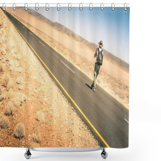 Personality  Lonely Man Walking Along The Road Among The Namibian African Desert - Concept Of Alternative Lifestyle - Travel Trip Adventure Around The World Shower Curtains