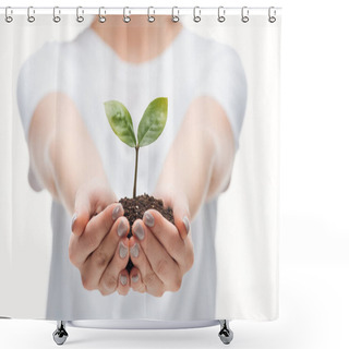 Personality  Selective Focus Of Woman Saving Ground With Green Plant Isolated On White Shower Curtains