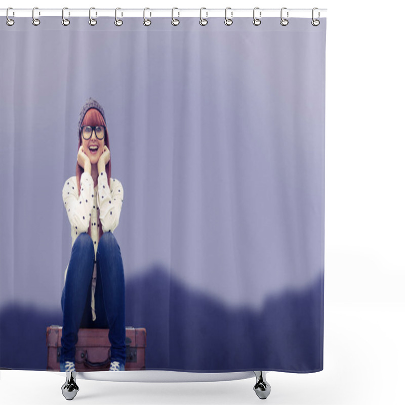 Personality  Hipster Woman Sitting On Suitcase Shower Curtains