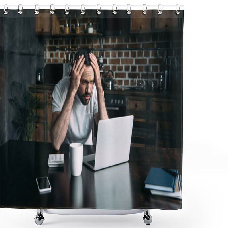 Personality  portrait of overworked freelancer remote working at table with laptop in kitchen at home shower curtains