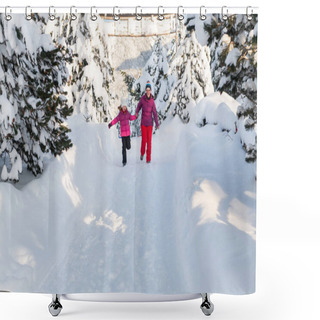 Personality  A Mother And Daughter As They Dash Along A Serene Snowy Path, Embracing The Tranquil Beauty Of Their Winter Mountain Getaway. Shower Curtains