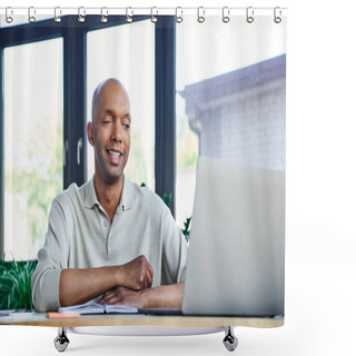 Personality  Chronic Illness, Positive African American Businessman With Eye Syndrome Looking At Laptop On Desk, Myasthenia Gravis, Bold And Dark Skinned Office Worker, Inclusion, Diversity In Society  Shower Curtains