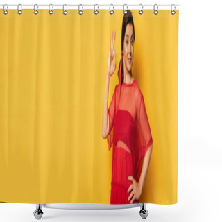 Personality  Horizontal Image Of Pregnant Woman In Red Tunic Showing Okay Gesture While Holding Hand On Hip On Yellow Shower Curtains