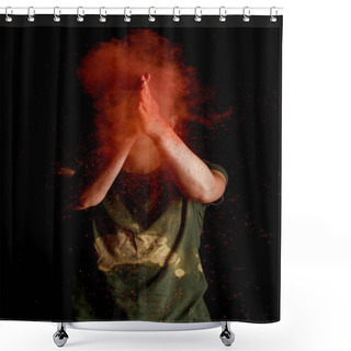 Personality  Woman With Orange Colorful Holi Paint Explosion In Front Of Face On Black Background Shower Curtains