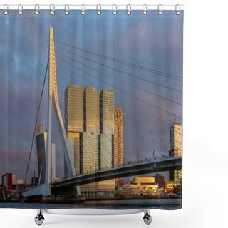 Personality  Moody Skyline Of Rotterdam With Part Of The Famous Erasmus Bridge Architecture And Behind Typical Modern Skyscrapers At Sunset Shower Curtains