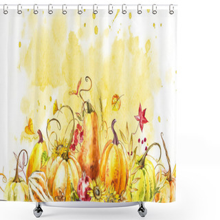 Personality  Pumpkins Composition. Hand Drawn Watercolor Painting On White Background. Watercolor Illustration With A Splash. Happy Thanksgiving Pumpkin. Shower Curtains