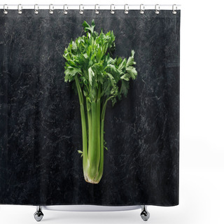 Personality  Top View Of Fresh Green Celery On Black Marble Surface Shower Curtains