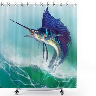 Personality  Sailfish Fish On White. Striped Big Marlin. Sports Fishing. Shower Curtains