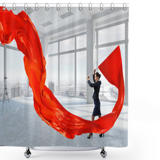 Personality  Woman Waving Red Flag . Mixed Media Shower Curtains