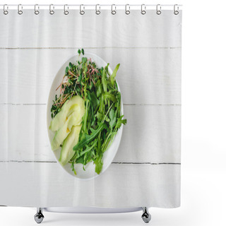 Personality  Top View Of Arugula, Avocado And Microgreen In Bowl On White Wooden Surface Shower Curtains