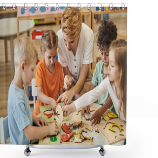 Personality  Teacher Playing With Interracial Children With Didactic Materials In Montessori School Shower Curtains