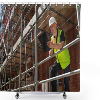 Personality  Male Builder Foreman, Construction Worker Or Architect On Site Holding A Clipboard And Drinking A Mug Of Coffee Or Tea Shower Curtains