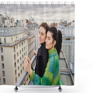 Personality  Joyful Lesbian Couple In Casual Attire Looking At City On Rooftop, A Moment Of Love And Connection Shower Curtains