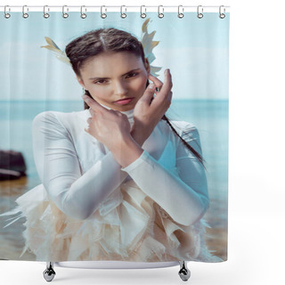 Personality  Portrait Of Adult Woman In White Swan Costume Looking At Camera Shower Curtains