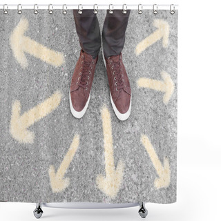 Personality  Man Standing On Road Near Arrows, Closeup Shower Curtains