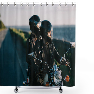 Personality  Couple Of Bikers In Helmets Riding Classical Motorcycle On Country Road Shower Curtains