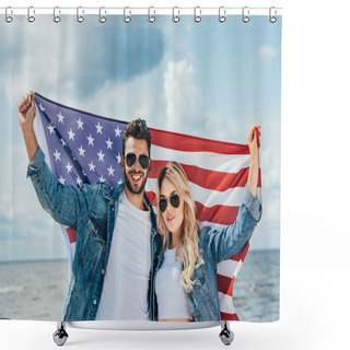 Personality  Attractive Woman And Handsome Man Smiling And Holding American Flag  Shower Curtains