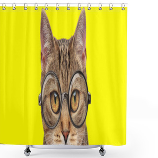 Personality  Adorable Cat With Big Eyes Wearing Glasses On Yellow Background Shower Curtains