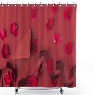 Personality  Flat Lay With Arranged Red Roses Petals, Envelope And Ribbon Isolated On Red, St Valentines Day Concept Shower Curtains