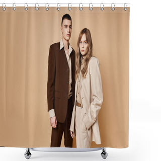 Personality  Sophisticated Young Woman In Stylish Suit Posing With Her Handsome Boyfriend And Looking At Camera Shower Curtains