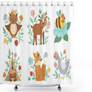 Personality  Vector Woodland Animals, Insects And Birds Collection. Boho Forest Floral Compositions. Bohemian Fox, Owl, Bear, Deer, Goose With Flowers On Heads. Celestial Clip Art With Cute Characters For Cards Shower Curtains