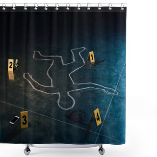 Personality  Chalk Outline And Evidence Markers At Crime Scene Shower Curtains