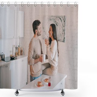 Personality  Smiling Young Couple Having Breakfast Together And Chatting At Home Shower Curtains