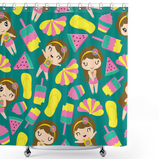 Personality  Seamless Pattern Of Cute Girl And Summer Elements Vector Cartoon Illustration For Kid Wrapping Paper, Kid Fabric Clothes, And Wallpaper Shower Curtains