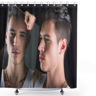 Personality  Narcissistic Handsome Young Man Admiring His Reflection In Mirror Shower Curtains