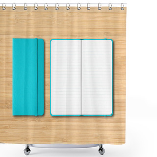 Personality  Aqua Blue Closed And Open Lined Notebooks Mockup Isolated On Wooden Background Shower Curtains