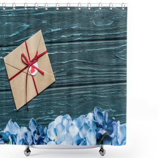 Personality  Top View Of Wooden Green Background With Blue Floral Border And Envelope Shower Curtains
