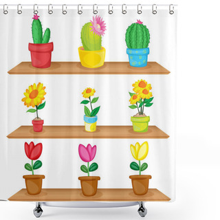 Personality  Wooden Shelves With Ornamental Plants Shower Curtains