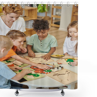 Personality  Multiethnic Kids And Teacher Playing With Didactic Materials In Montessori School Shower Curtains