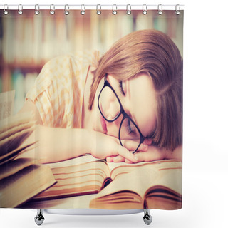 Personality  Tired Student Girl With Glasses Sleeping On Books In Library Shower Curtains