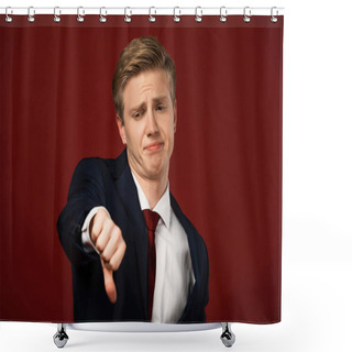 Personality  Displeased Man Showing Thumb Down On Red Background Shower Curtains