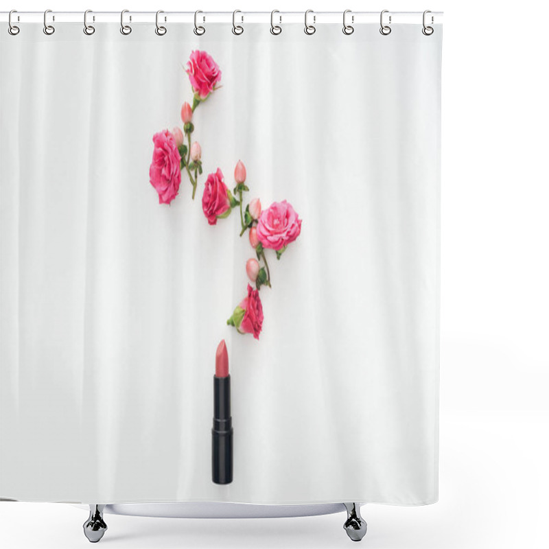 Personality  top view of composition with roses buds, berries and lipstick on white background shower curtains