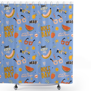 Personality  Summer Seamless Pattern With Cute Elements On Blue Background.  Shower Curtains