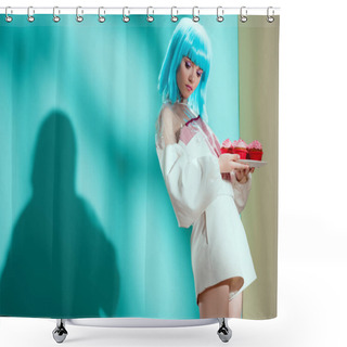 Personality  Beautiful Girl In Blue Wig Holding Sweet Cupcakes And Looking Down In Studio Shower Curtains