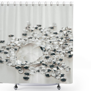 Personality  Selective Focus Of Transparent Pure Big Diamond Among Small On White Background Shower Curtains