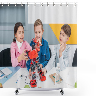 Personality  Smiling Schoolchildren Building Red Electric Robot During STEM Lesson Shower Curtains