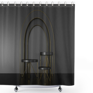 Personality  3D Rendering Podium Black And Gold Elements. Abstract Geometric Shape Blank Podium. Minimal Scene Step Floor Abstract Composition. Empty Showcase, Pedestal Platform Display For Product Presentation. Shower Curtains