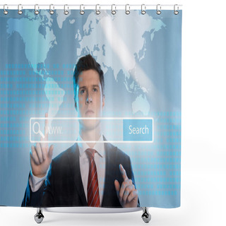 Personality  Handsome Businessman In Suit Pointing With Finger At Search Bar In Front On Blue Background Shower Curtains