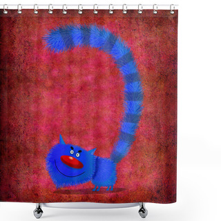 Personality  Blue Smiling Cat With Puffed Up On The Red Background  Shower Curtains
