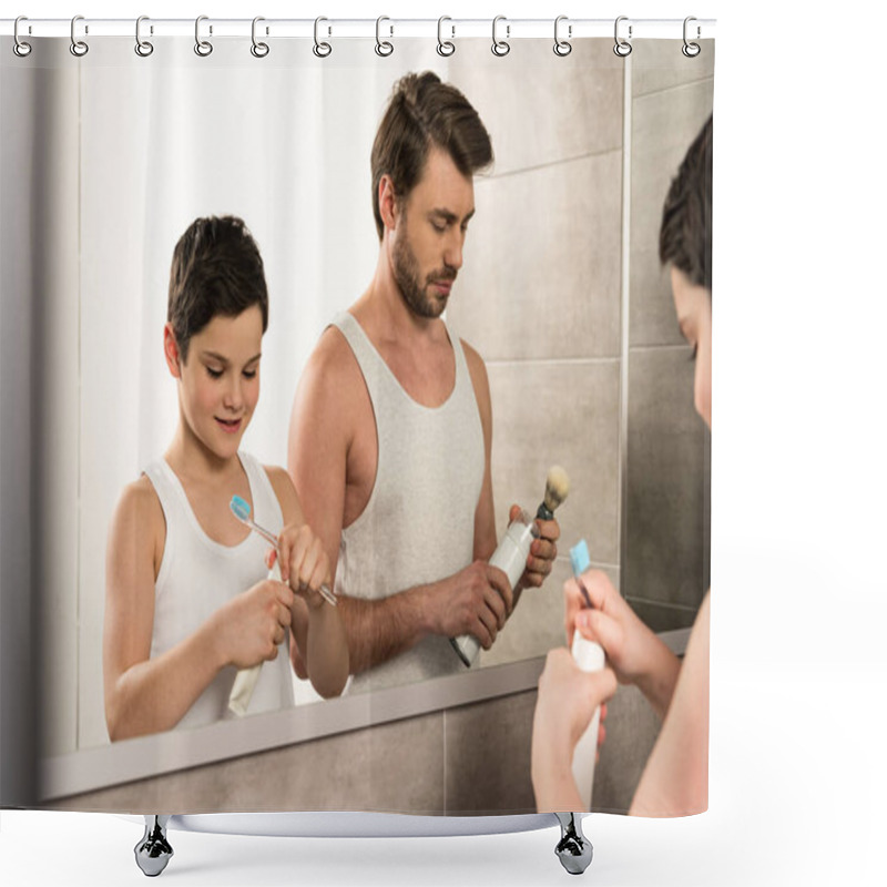 Personality  Son Brushing Teeth And Dad Shaving In Morning In Bathroom Shower Curtains