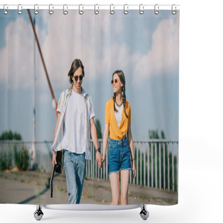 Personality  Young Happy Couple Of Buskers Walking With Guitar In Hands At City Street Shower Curtains