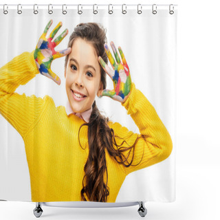 Personality  Smiling Schoolgirl In Yellow Sweater Looking At Camera And Showing Hands Painted In Colorful Paints Isolated On White Shower Curtains