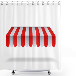 Personality  Red And White Sunshade For Marketplace Or Shop. Open Awning With Striped Canvas For Circus Or Store.Red Canopy For Cafe On Isolated Background. Vector Shower Curtains