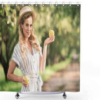 Personality  Attractive Woman In Trendy Straw Hat Posing With Two Apples In Hands Shower Curtains